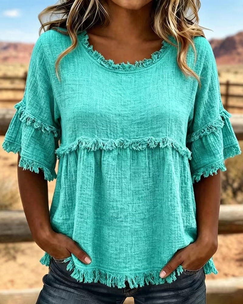 🔥LAST DAY SALE 49% OFF✨Casual Cotton Blend Fringe Trim Raw Edge Blouse