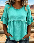 🔥LAST DAY SALE 49% OFF✨Casual Cotton Blend Fringe Trim Raw Edge Blouse