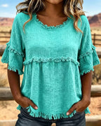 🔥LAST DAY SALE 49% OFF✨Casual Cotton Blend Fringe Trim Raw Edge Blouse