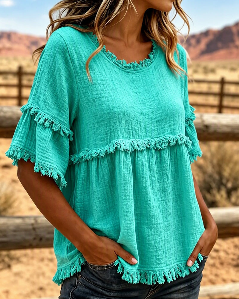 🔥LAST DAY SALE 49% OFF✨Casual Cotton Blend Fringe Trim Raw Edge Blouse