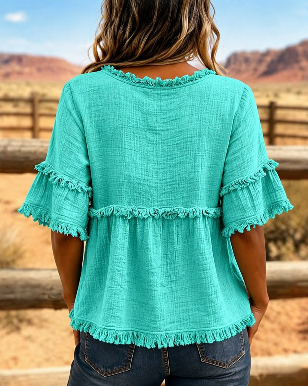 🔥LAST DAY SALE 49% OFF✨Casual Cotton Blend Fringe Trim Raw Edge Blouse