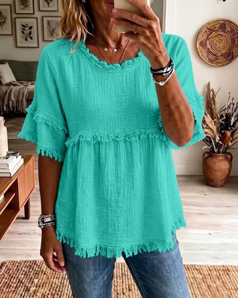 🔥LAST DAY SALE 49% OFF✨Casual Cotton Blend Fringe Trim Raw Edge Blouse