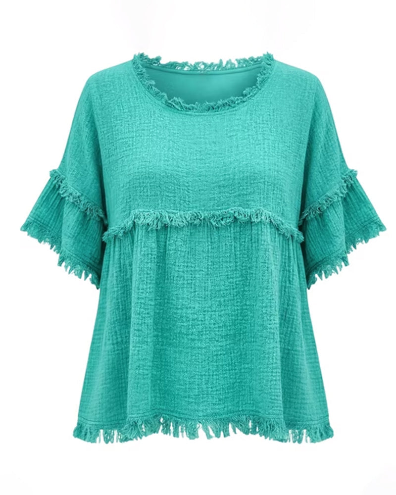 🔥LAST DAY SALE 49% OFF✨Casual Cotton Blend Fringe Trim Raw Edge Blouse
