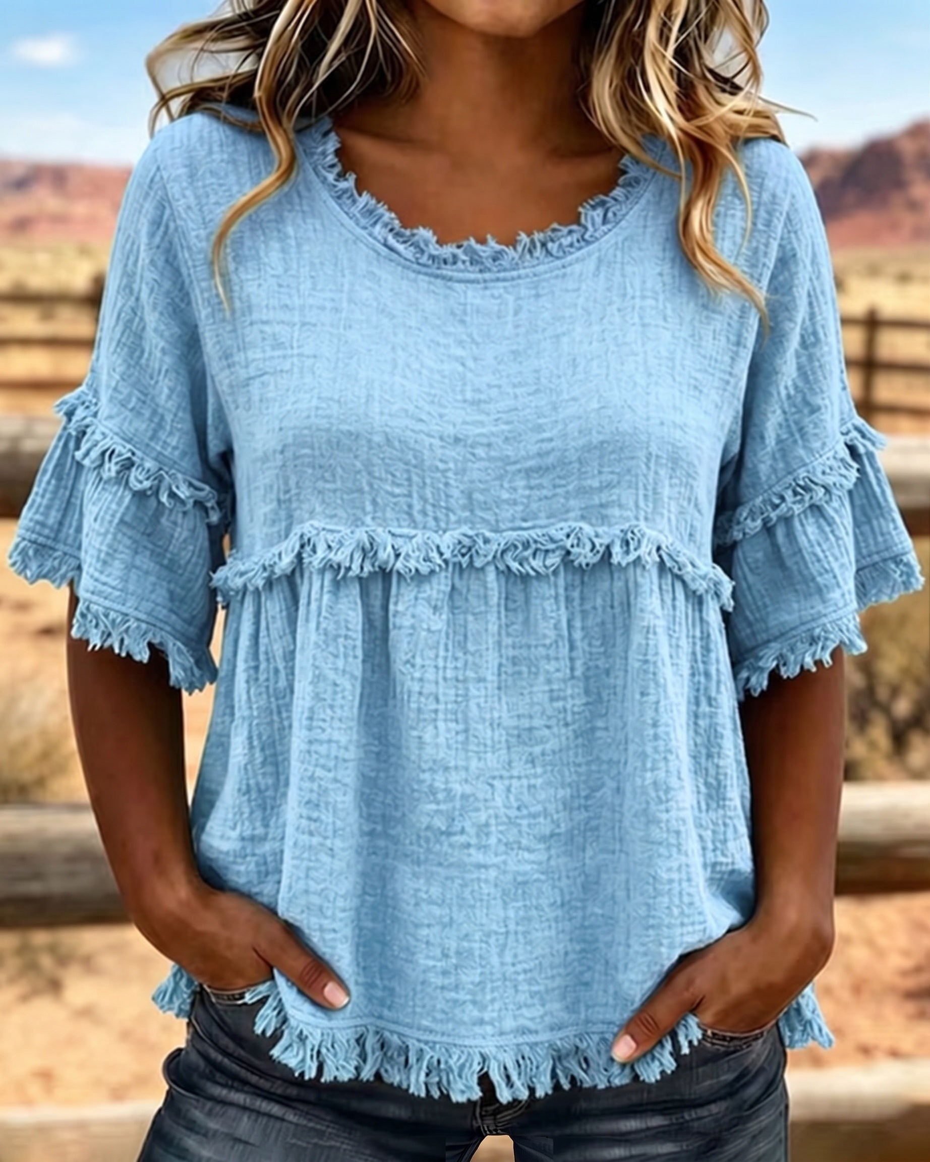 🔥LAST DAY SALE 49% OFF✨Casual Cotton Blend Fringe Trim Raw Edge Blouse