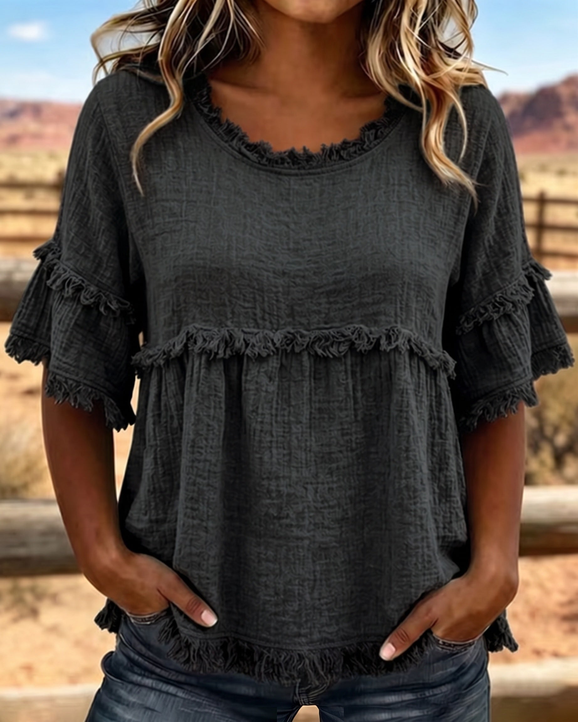 🔥LAST DAY SALE 49% OFF✨Casual Cotton Blend Fringe Trim Raw Edge Blouse