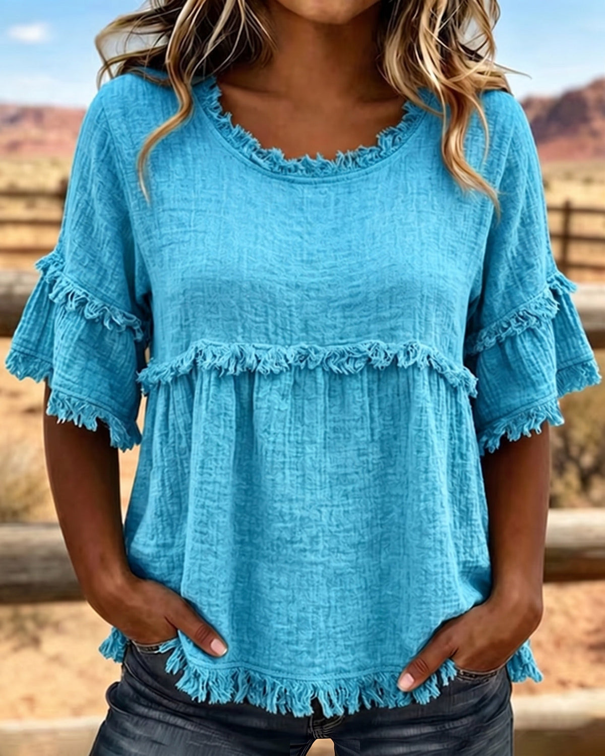 🔥LAST DAY SALE 49% OFF✨Casual Cotton Blend Fringe Trim Raw Edge Blouse
