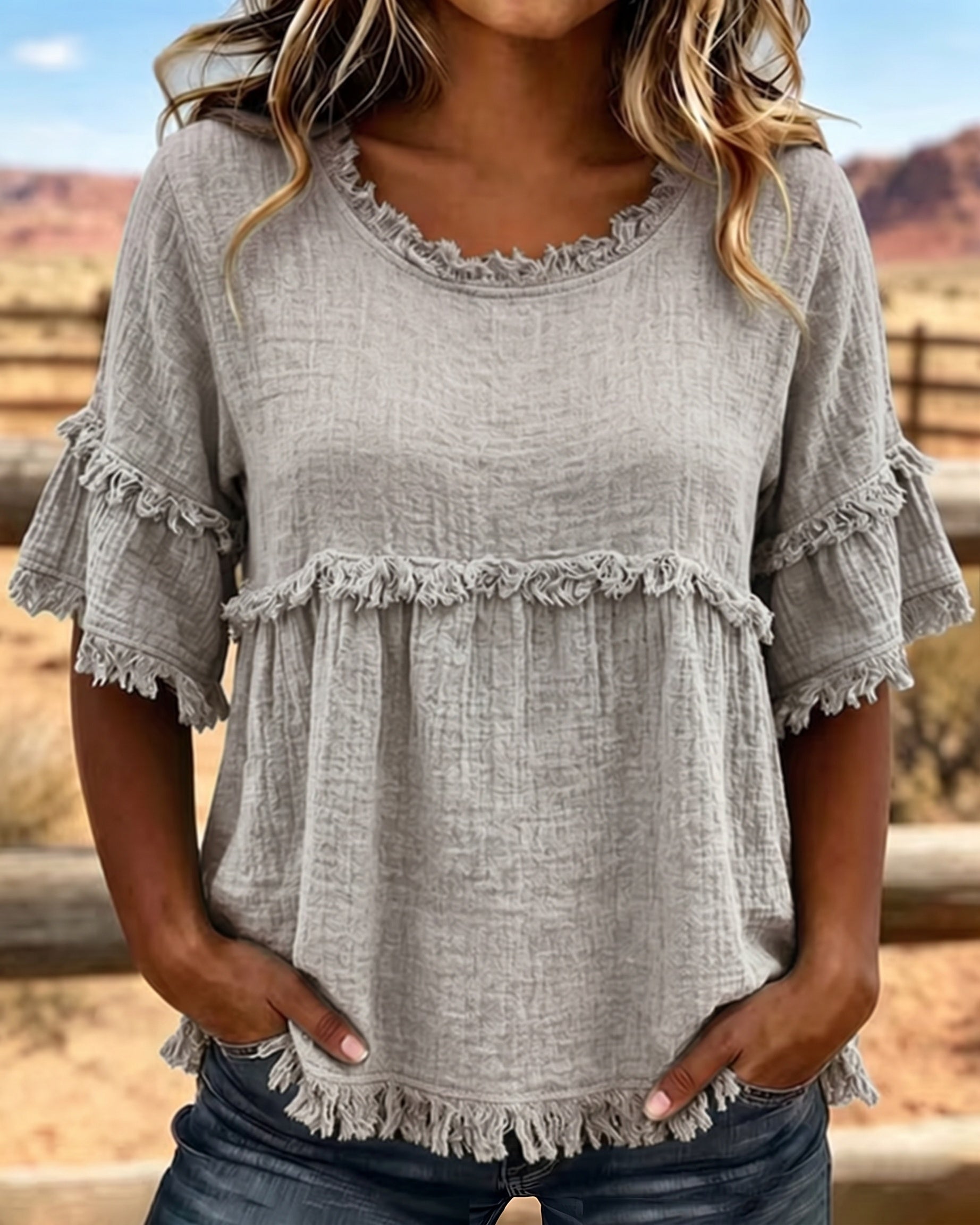 🔥LAST DAY SALE 49% OFF✨Casual Cotton Blend Fringe Trim Raw Edge Blouse