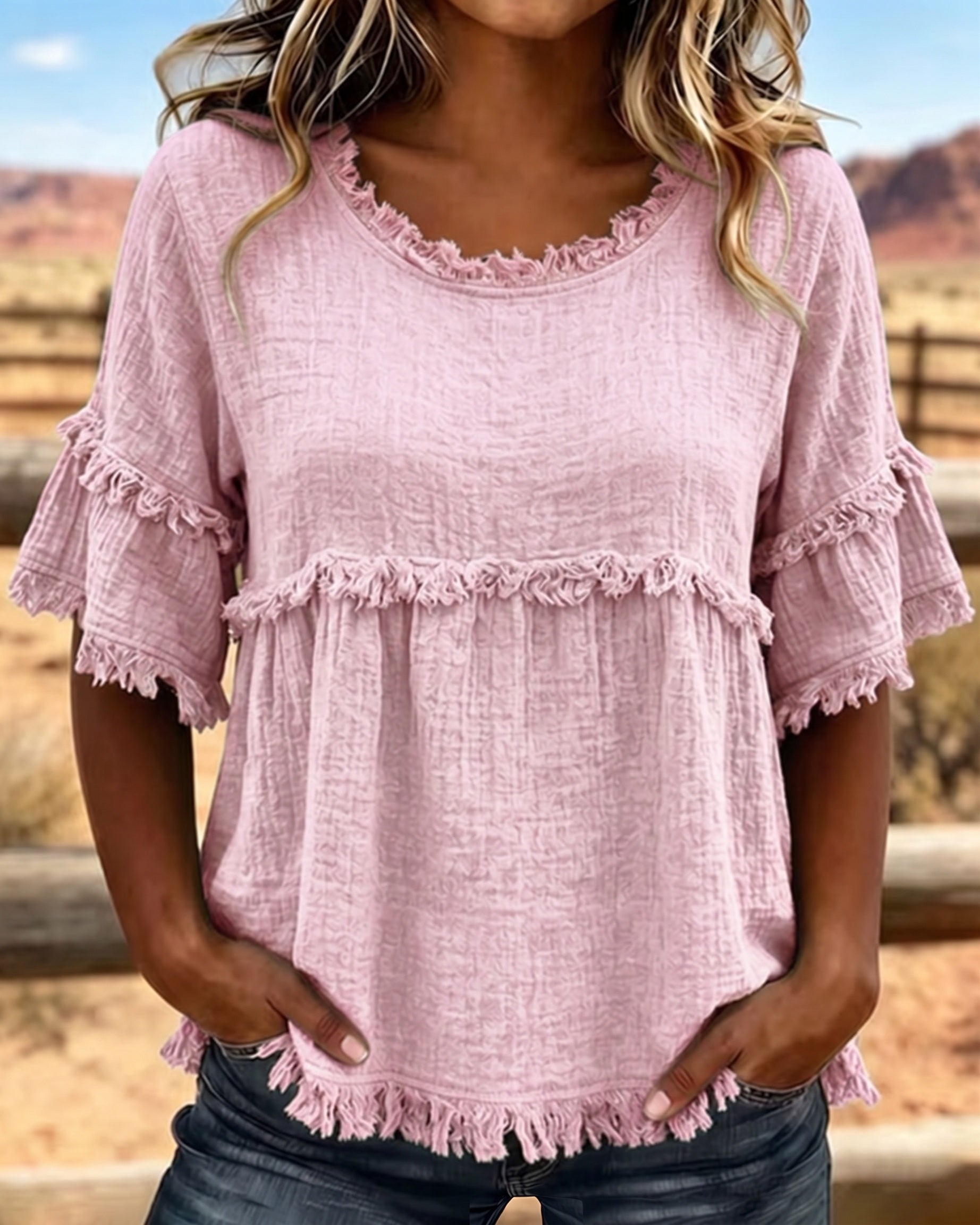 🔥LAST DAY SALE 49% OFF✨Casual Cotton Blend Fringe Trim Raw Edge Blouse