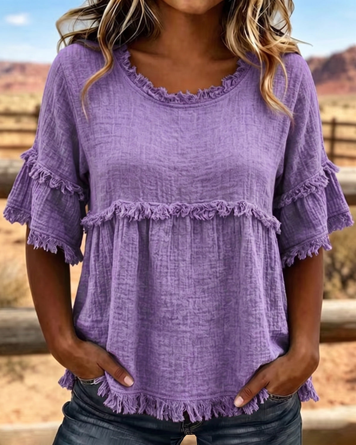 🔥LAST DAY SALE 49% OFF✨Casual Cotton Blend Fringe Trim Raw Edge Blouse