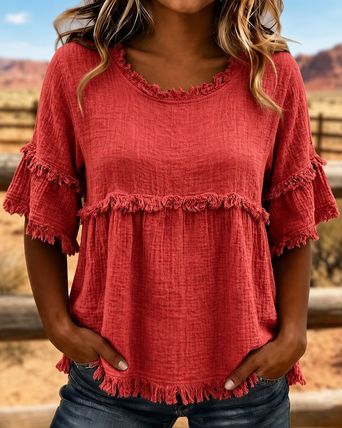 🔥LAST DAY SALE 49% OFF✨Casual Cotton Blend Fringe Trim Raw Edge Blouse