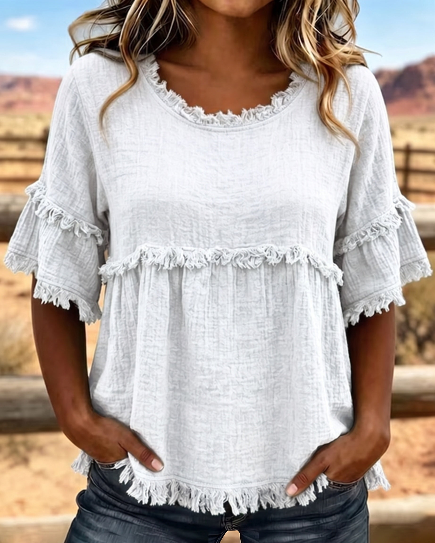 🔥LAST DAY SALE 49% OFF✨Casual Cotton Blend Fringe Trim Raw Edge Blouse